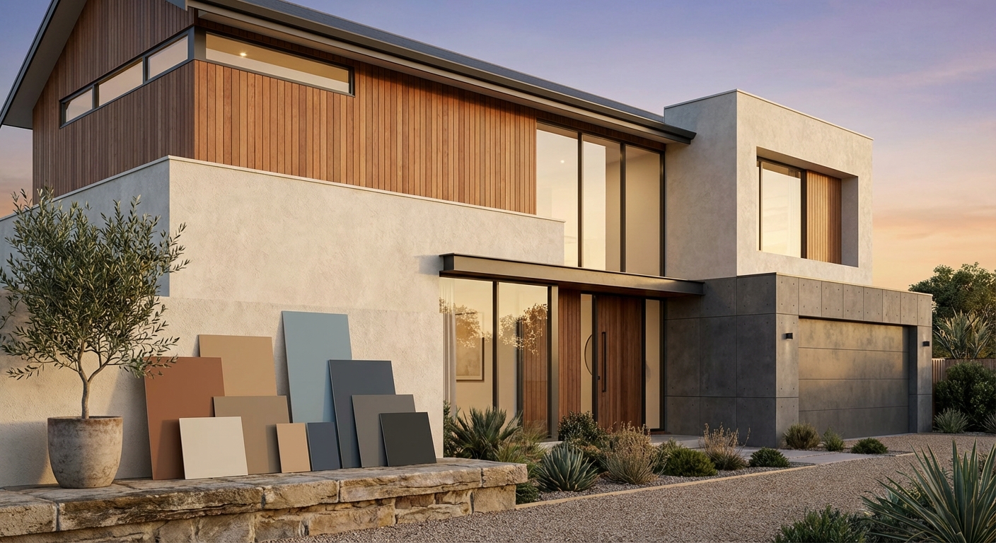 Paleta kolorów elewacji domu - od bieli przez szarości po grafity