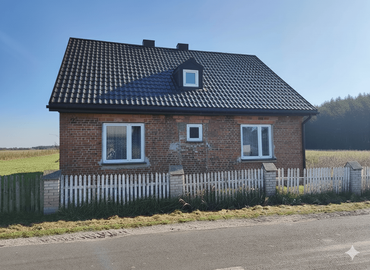 Tradycyjny dom ceglany zyskał nowoczesny charakter dzięki ciepłej elewacji z poziomych desek w kolorze miodowym na jasnej, kremowej bazie. - przed remontem