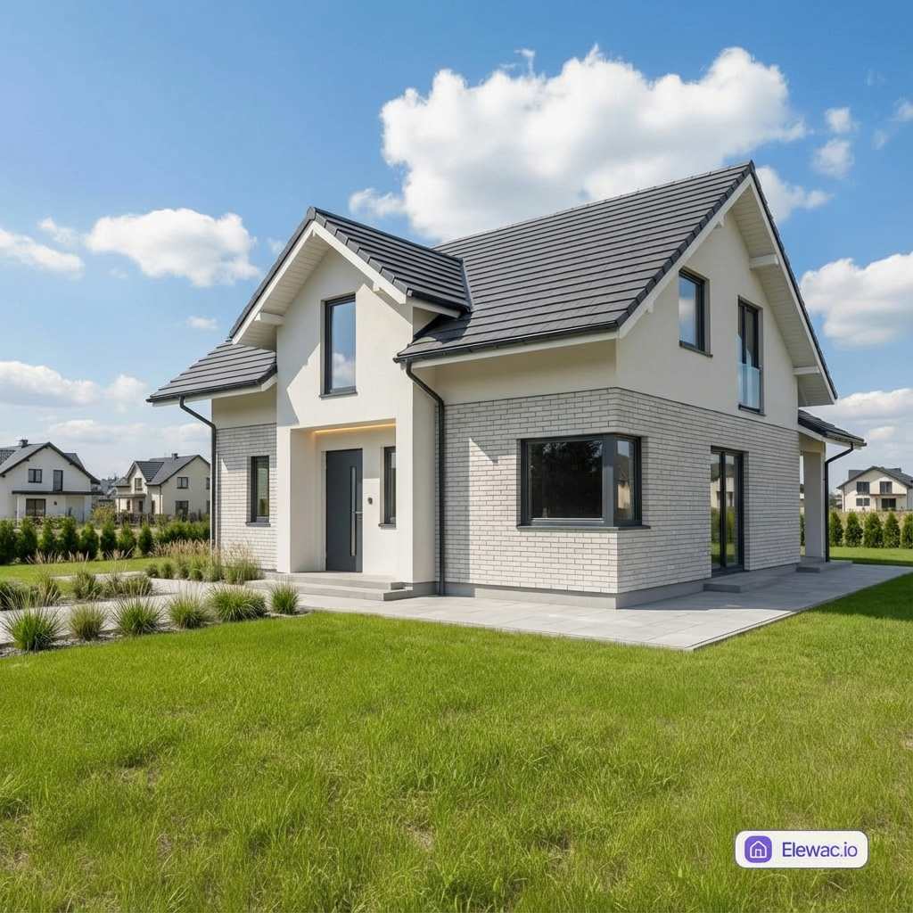 Od pustego szkieletu do kompletnej wizji. Elegancka kompozycja kremowego tynku z jasnoszarą cegłą klinkierową w strefie wejściowej. - po remoncie