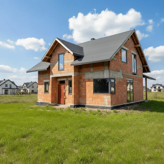 Od pustego szkieletu do kompletnej wizji. Elegancka kompozycja kremowego tynku z jasnoszarą cegłą klinkierową w strefie wejściowej. - stan obecny