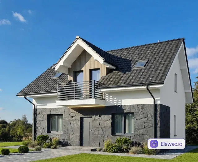 Wizualizacja AI: Elegancka metamorfoza z grafitowym kamieniem łupkowym na cokole i delikatnym akcentem drewnianym w strefie poddasza. Dominująca biel rozjaśnia całość.