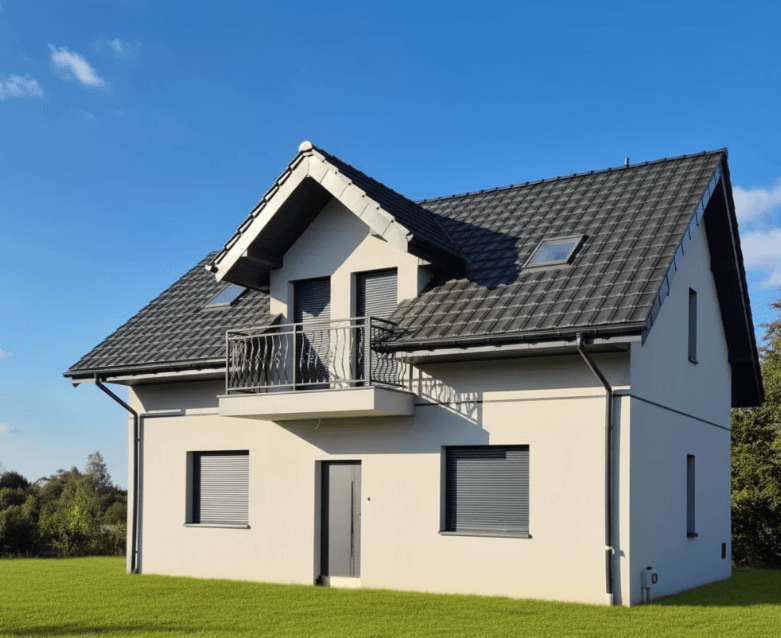 Elegancka metamorfoza z grafitowym kamieniem łupkowym na cokole i delikatnym akcentem drewnianym w strefie poddasza. Dominująca biel rozjaśnia całość. - przed remontem