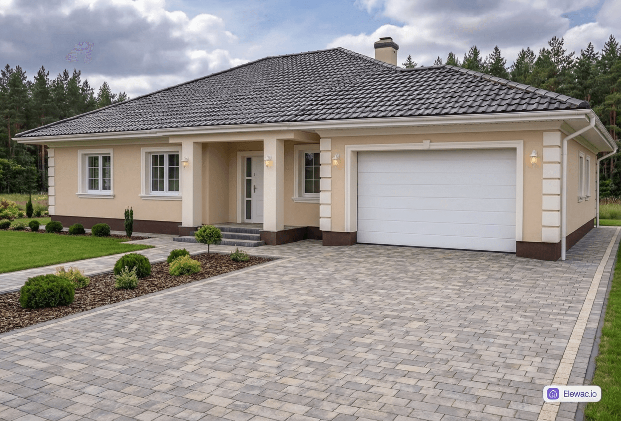 Styl elewacji: Beżowa Elegancja z Gzymsami