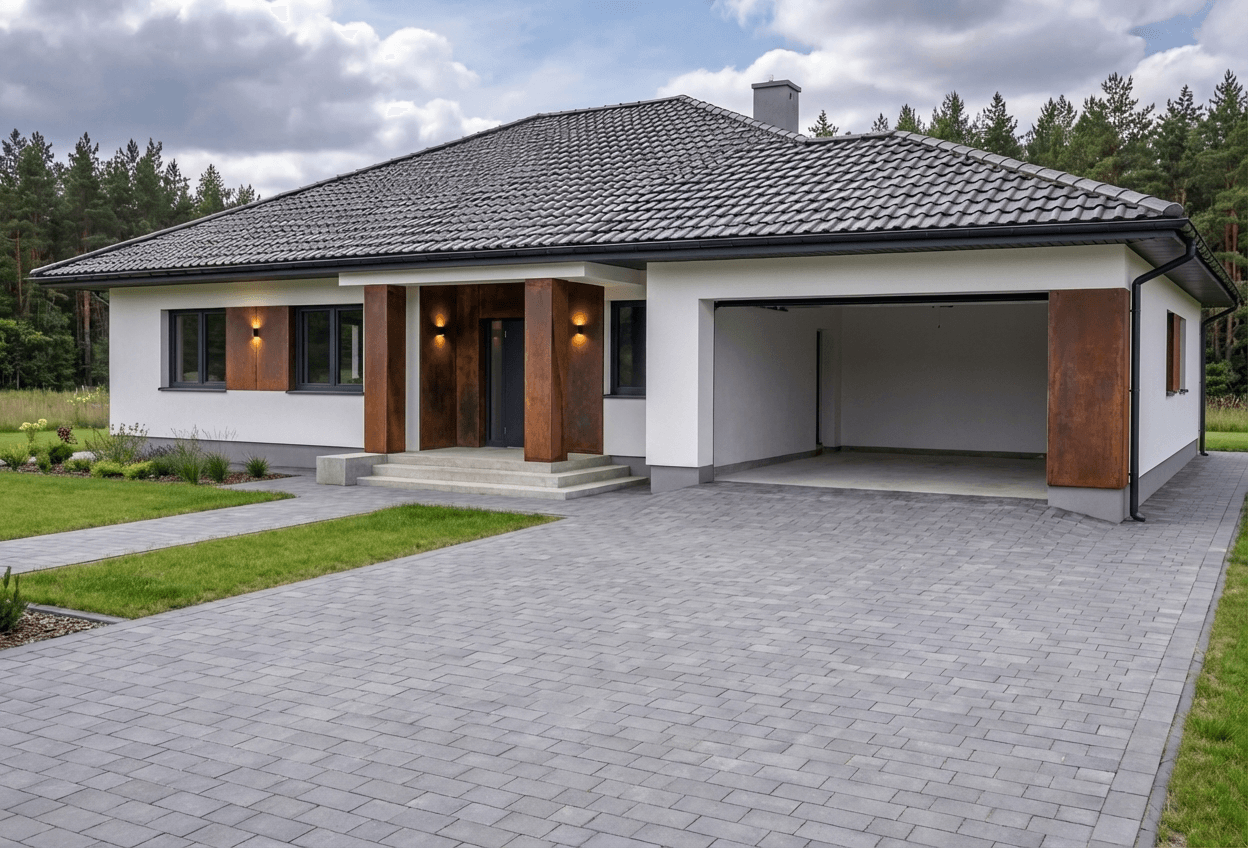 Styl elewacji: Corten + Bialy Tynk + Szare Akcenty