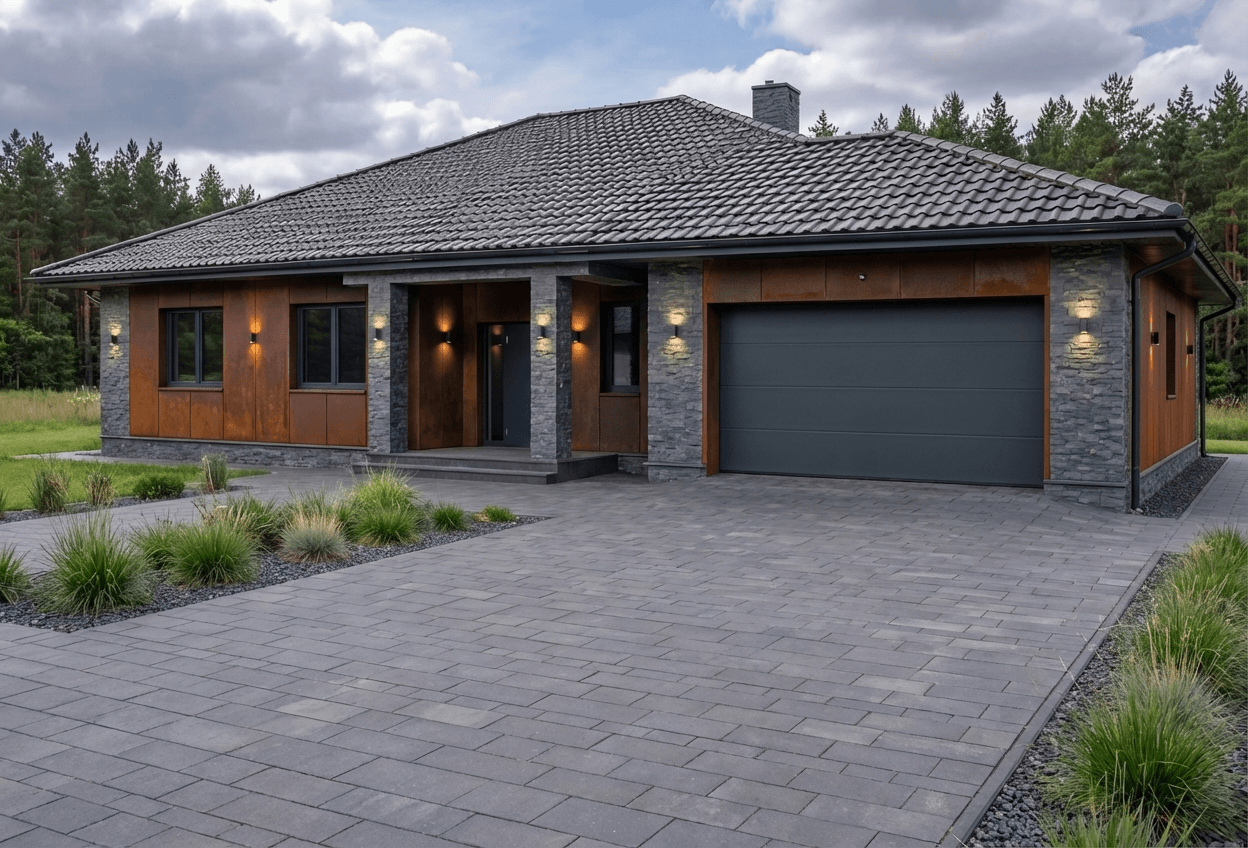 Styl elewacji: Kamień z Cortenem - Styl Industrialny