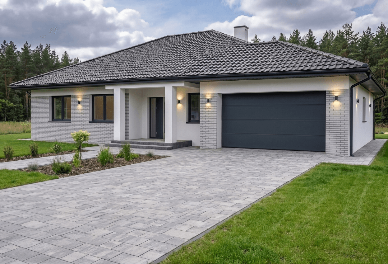 Styl elewacji: Szara Cegla Dluga + Bialy Tynk (Modernistyczna Willa)